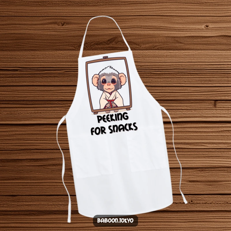Funny baboon in a simple kimono, curiously peeking from behind a screen, on a practical kitchen apron, great for a funny gift.
