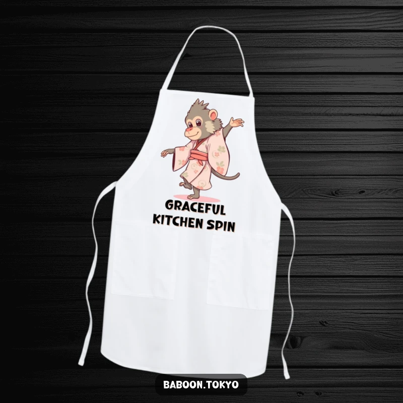 Funny baboon wearing a flowing kimono, gracefully pirouetting, on a practical kitchen apron, great for a funny gift.
