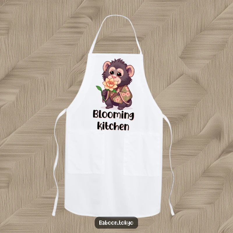 Funny apron: a sweet baboon in a floral kimono offering a blooming paper flower, bringing charm to the kitchen.