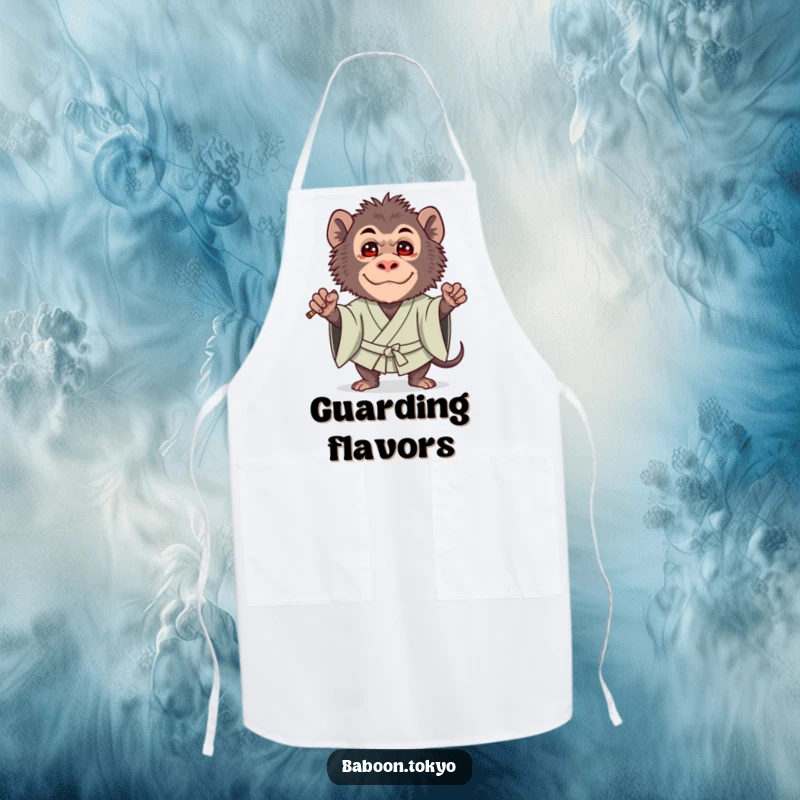 Funny apron: a brave baboon in a bold kimono guard stance with a cute expression, bringing humor to the kitchen.