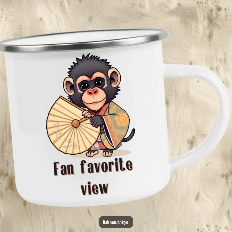 Funny camping mug: a curious baboon in an ornate kimono peeking from behind a fan, ideal for outdoor adventures and morning coffee.