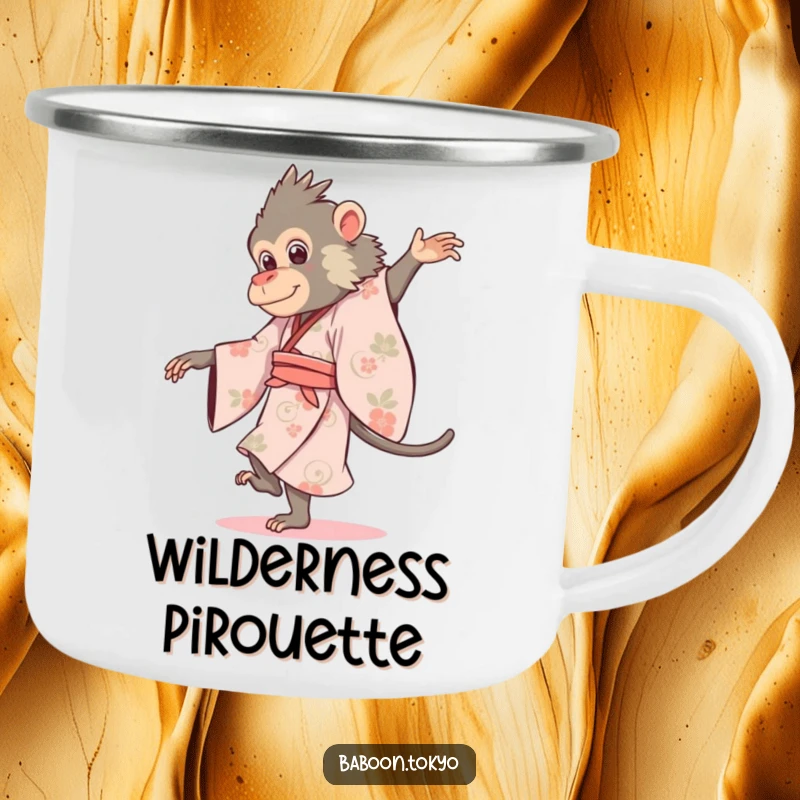 Funny baboon wearing a flowing kimono, gracefully pirouetting, on a rustic camping mug, ideal for a funny gift.