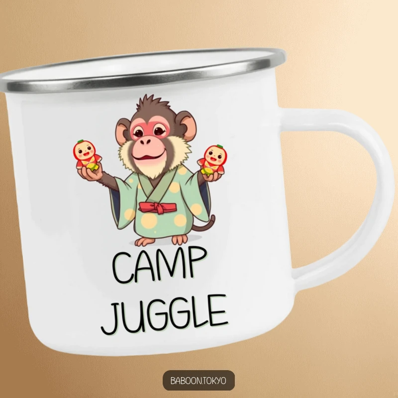 Funny camping mug: a whimsical baboon in a bright kimono juggling three small toy Daruma dolls, perfect for playful campers.
