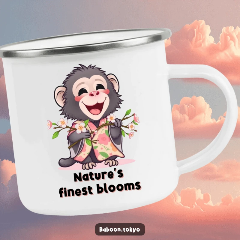 Funny, delighted baboon in a floral kimono holding a blooming branch, on a rustic camping mug, ideal for a funny gift.