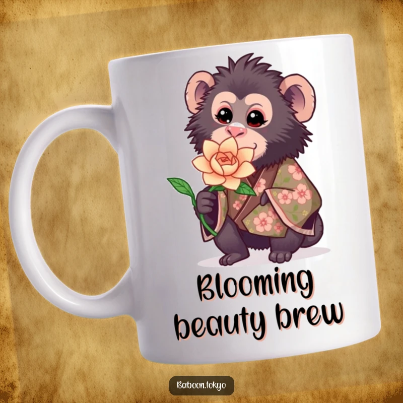 Funny coffee mug: a sweet baboon in a floral kimono gently offers a blooming paper flower, exuding warmth and charm.