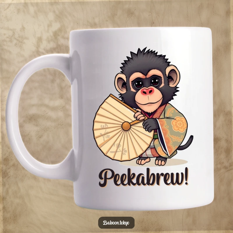 Funny coffee mug: a curious baboon in an ornate kimono peeking from behind a large fan, exuding playful mystery.