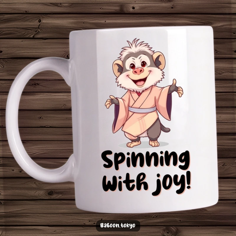 Funny coffee mug: a delighted baboon with a big smile, joyfully twirling in a colorful silk kimono, radiating happiness.