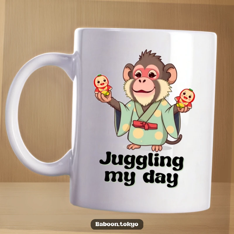 Funny coffee mug: a whimsical baboon in a bright kimono expertly juggles three small, colorful toy Daruma dolls with a cheerful expression.