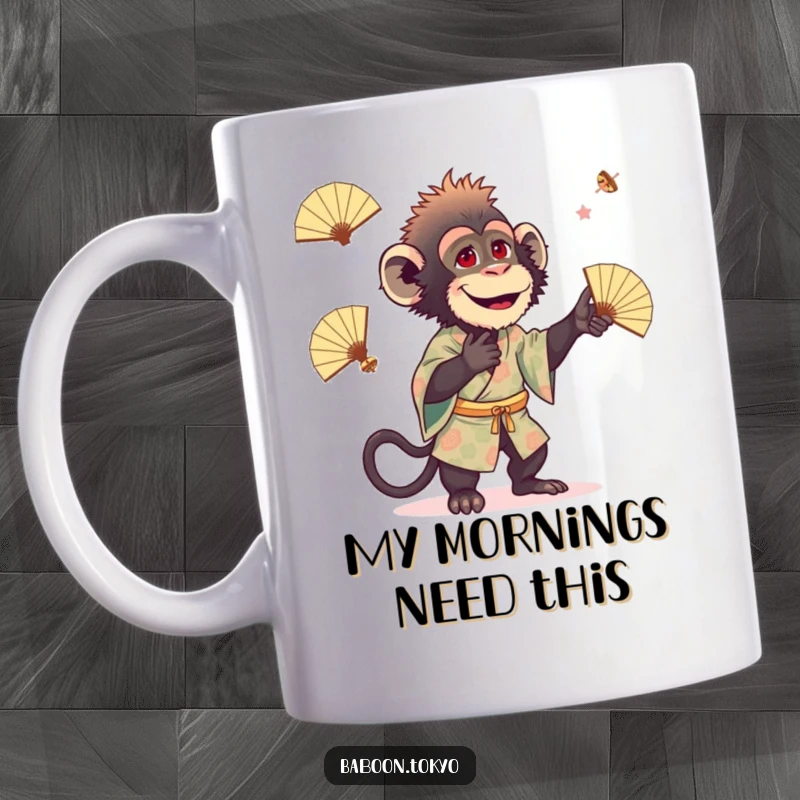 Funny baboon wearing a patterned kimono, playfully juggling tiny fans, on a ceramic mug, perfect for a humorous gift.