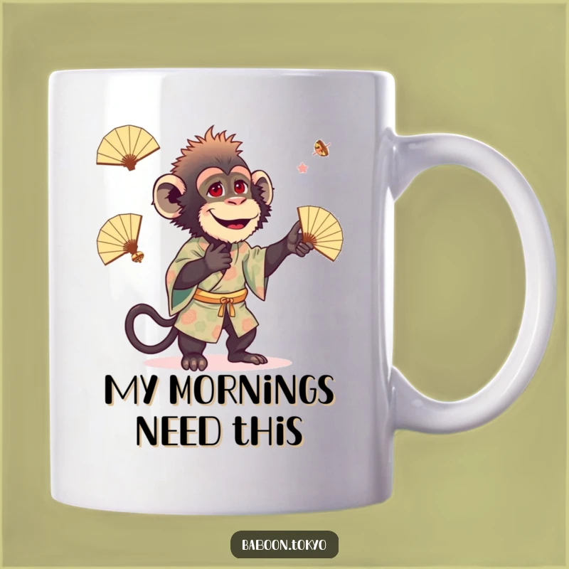 Funny Baboon Juggling Fans Kimono Mug - Hilarious Gift for Art Lovers