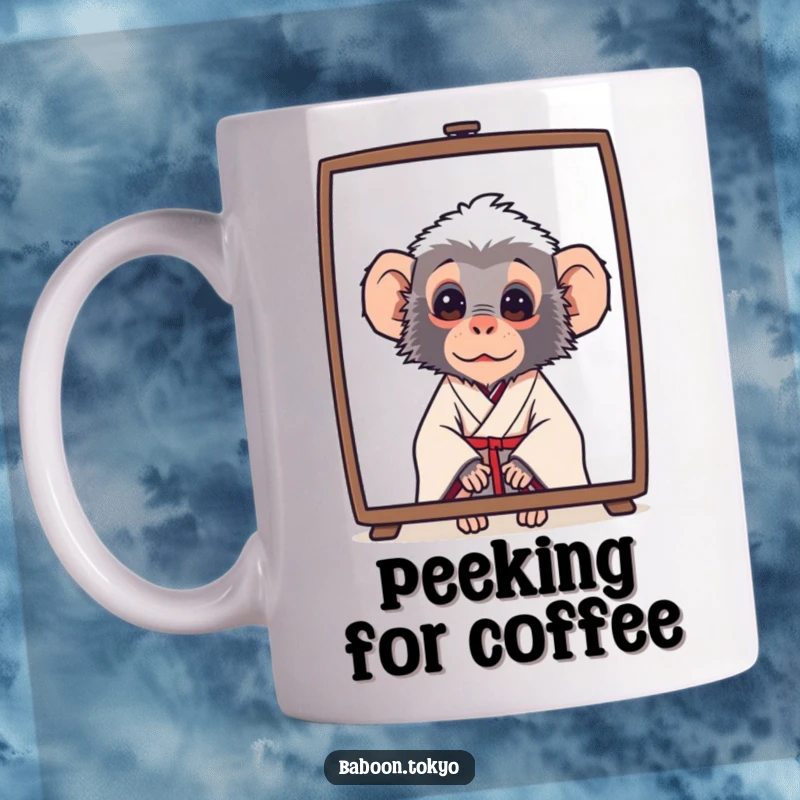 Funny baboon wearing a simple kimono, curiously peeking from behind a screen, on a ceramic mug, perfect for a humorous gift.