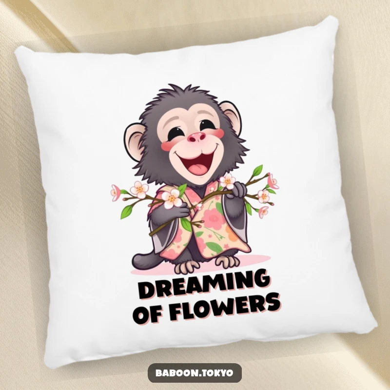 Funny, delighted baboon in a floral kimono holding a blooming branch, on a soft pillow, ideal for a funny gift.