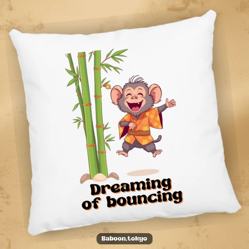 Funny, cheerful baboon in a bright kimono leaping near bamboo, on a soft pillow, ideal for a funny gift.
