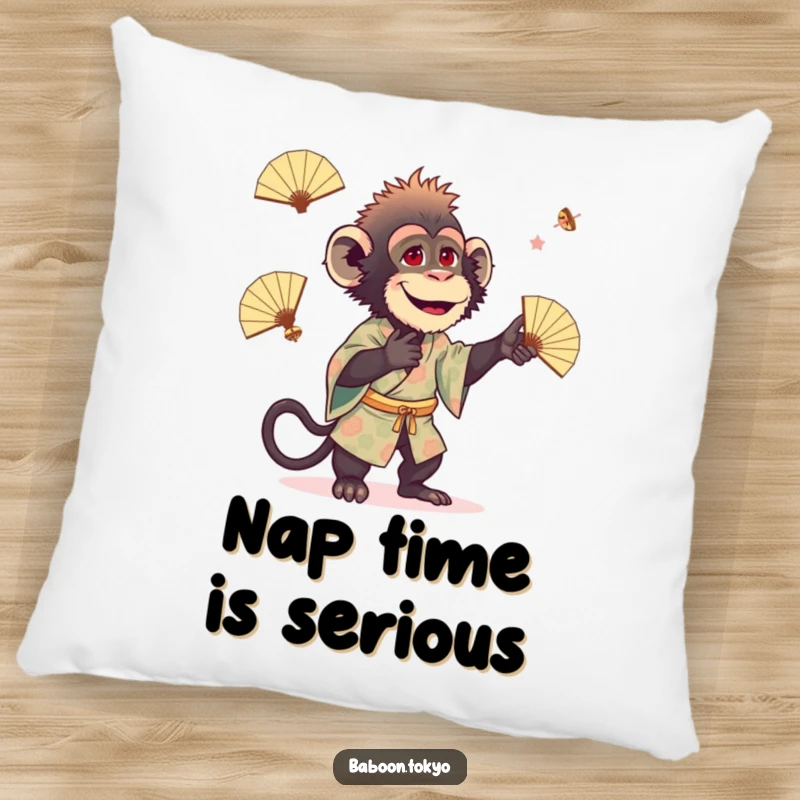 Funny baboon in a patterned kimono playfully juggling small fans, on a soft, decorative pillow, ideal for a funny gift.