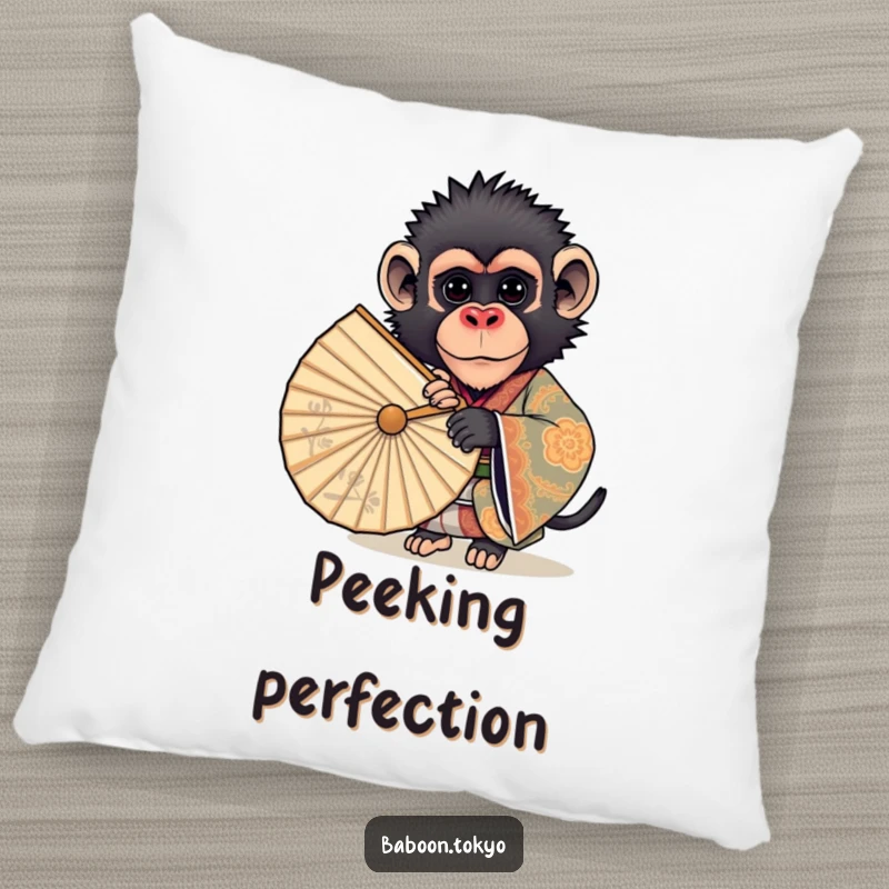 Funny pillow: a curious baboon in an ornate kimono, peeking playfully from behind a large fan, adding a cute and humorous touch.