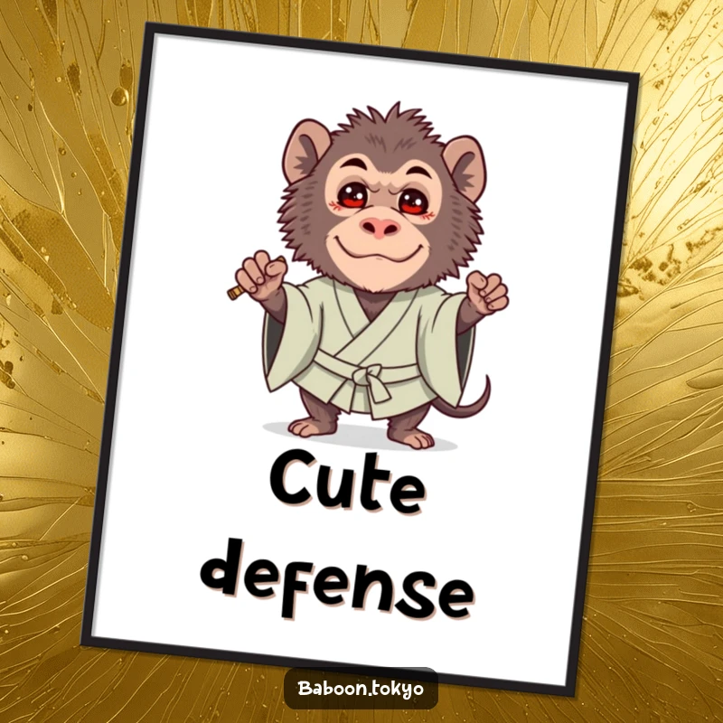Funny digital art print: a brave baboon in a bold kimono guard stance with a cute expression, creating a charming protective image.