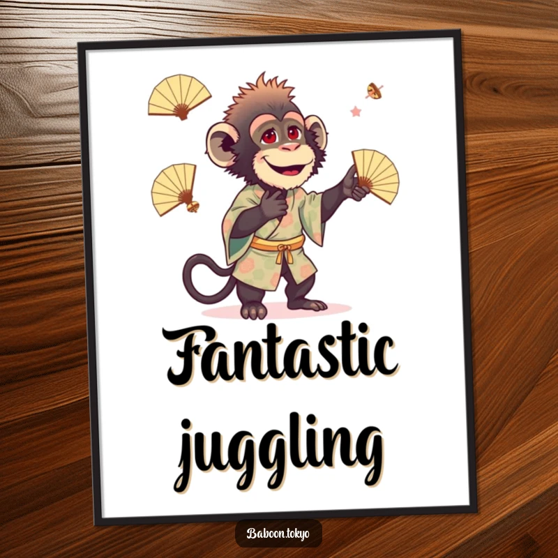 Funny baboon wearing a patterned kimono, playfully juggling tiny fans, as a downloadable digital art print, great for a funny gift.