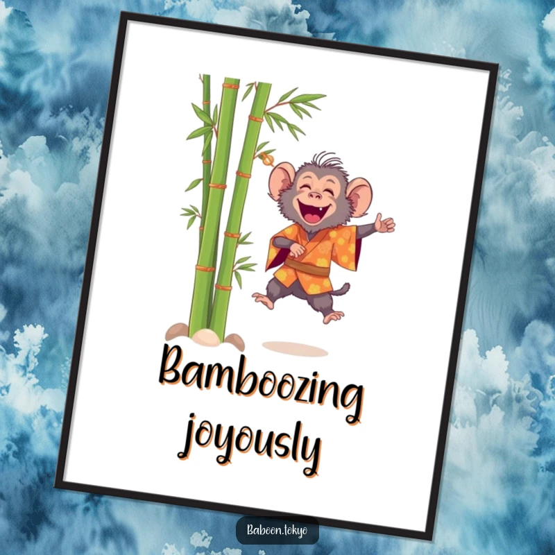Funny, cheerful baboon in a bright kimono leaping near bamboo, as a digital art print, great for a funny gift.