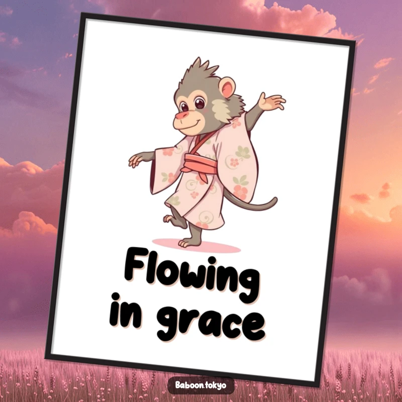 Funny baboon wearing a flowing kimono, gracefully pirouetting, as a digital art print, great for a funny gift.