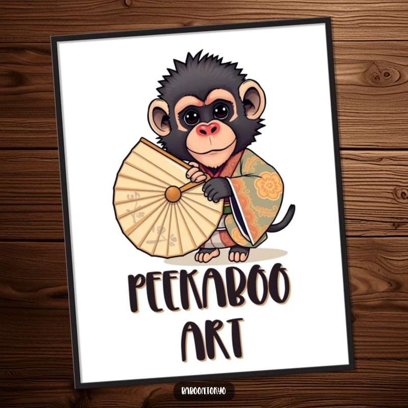 Funny digital art print: a curious baboon in an ornate kimono peeking from behind a fan, offering a humorous and artistic visual.