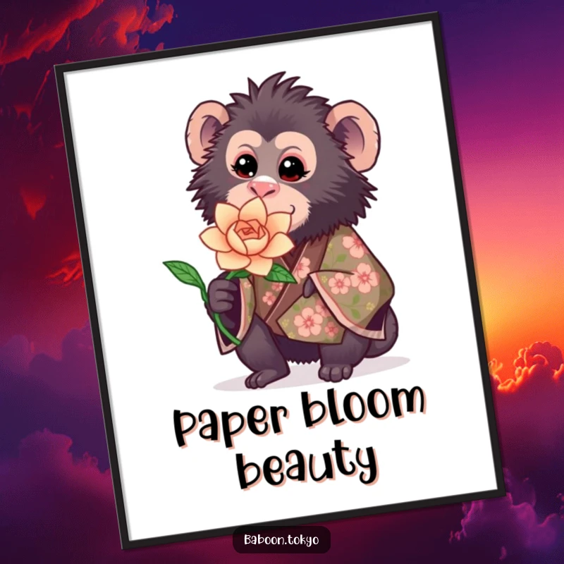 Funny digital art print: a sweet baboon in a floral kimono offering a blooming paper flower, creating a charming and heartwarming image.