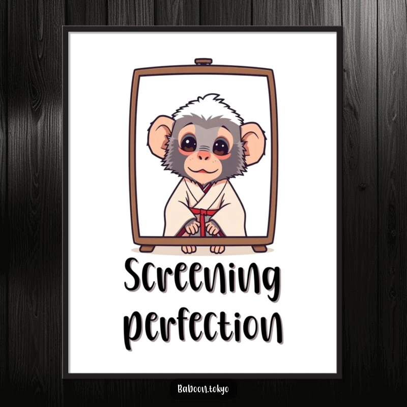 Funny baboon in a simple kimono, curiously peeking from behind a screen, as a digital art print, great for a funny gift.