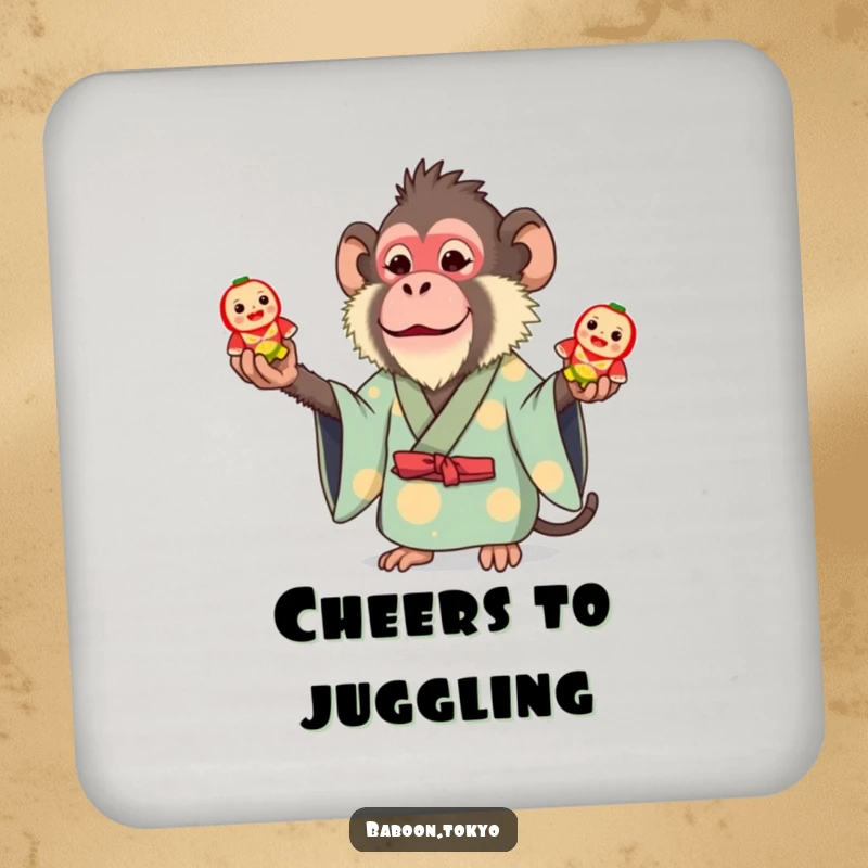 Funny drink coaster: a whimsical baboon in a bright kimono juggling three small toy Daruma dolls, adding playful charm.