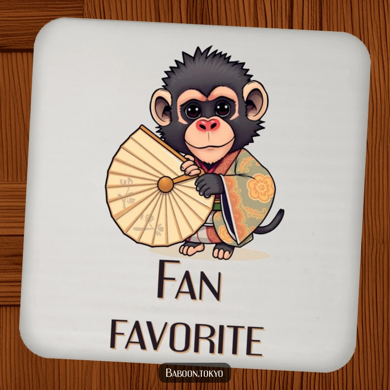 Funny drink coaster: a curious baboon in an ornate kimono peeking from behind a fan, adding a humorous touch to table protection.