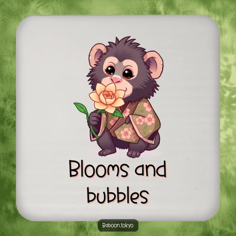 Funny drink coaster: a sweet baboon in a floral kimono offering a blooming paper flower, adding charming floral accents.
