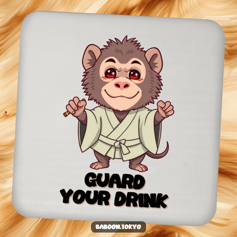 Funny drink coaster: a brave baboon in a bold kimono guard stance with a cute expression, adding protective charm.