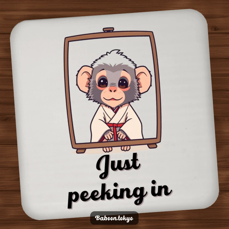 Funny baboon in a simple kimono, curiously peeking from behind a screen, on a drink coaster, perfect for a funny gift.