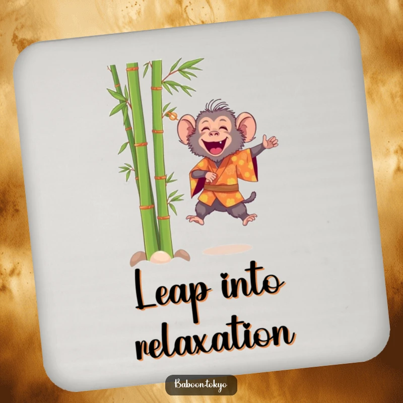 Funny, cheerful baboon in a bright kimono leaping near bamboo, on a drink coaster, perfect for a funny gift.
