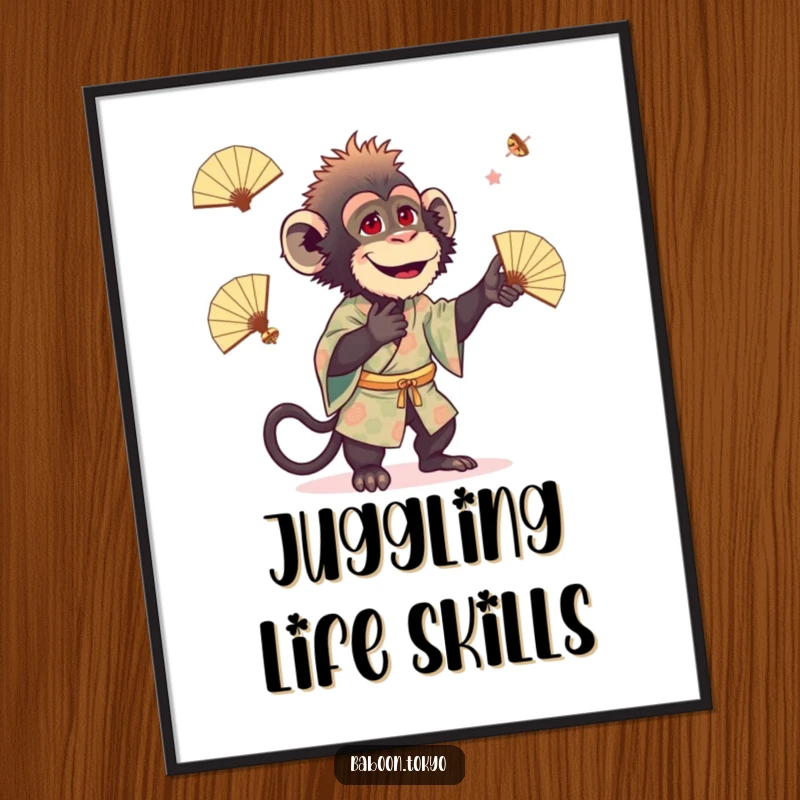 Funny baboon wearing a patterned kimono, playfully juggling tiny fans, presented as hilarious wall art on a poster, for a funny gift.