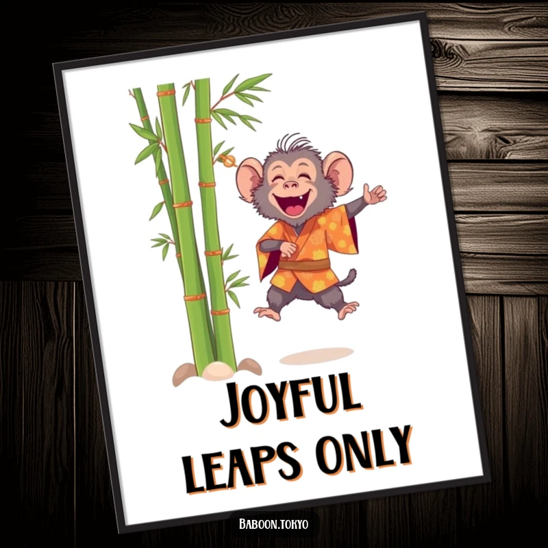 Funny, cheerful baboon in a bright kimono leaping near bamboo, presented as wall art on a poster, for a funny gift.