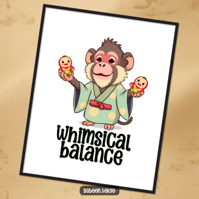 Funny poster: a whimsical baboon in a bright kimono skillfully juggles three small toy Daruma dolls, creating a lively and humorous scene.
