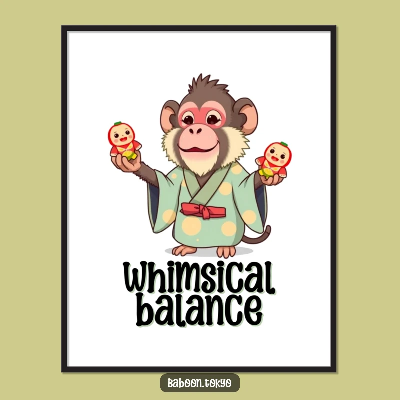 Funny Whimsical Baboon Kimono Poster - Juggling Baboon Wall Art