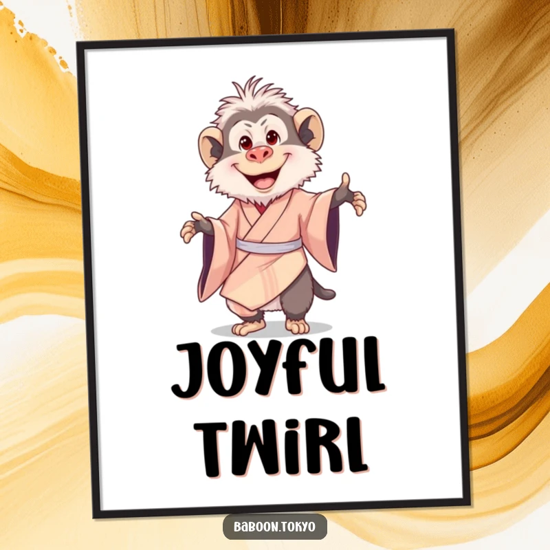 Funny poster: a delighted baboon in a silk kimono, captured mid-twirl with a huge smile, radiating pure happiness and fun.