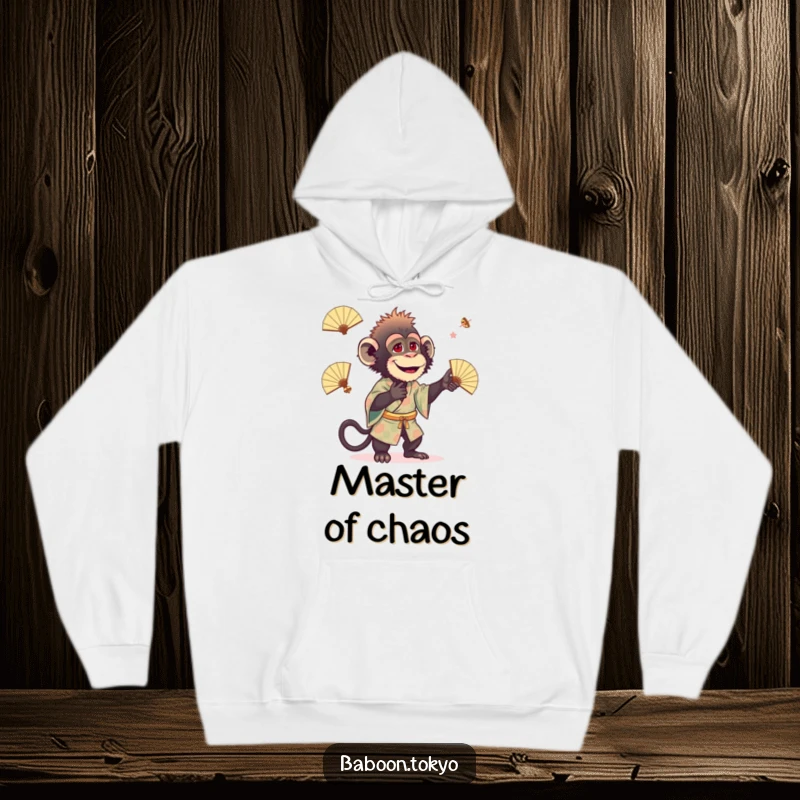 Funny baboon in a patterned kimono juggling miniature fans, showcased on a warm, comfortable hoodie, great for a funny gift.