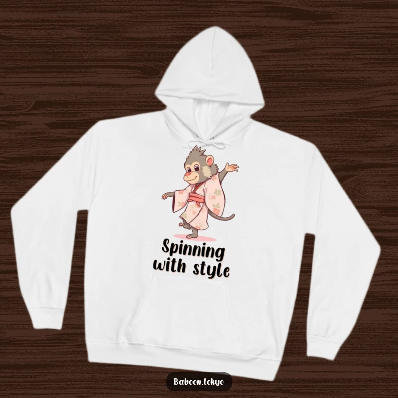 Funny baboon in a flowing kimono, gracefully pirouetting, on a warm hoodie, great for a funny gift.