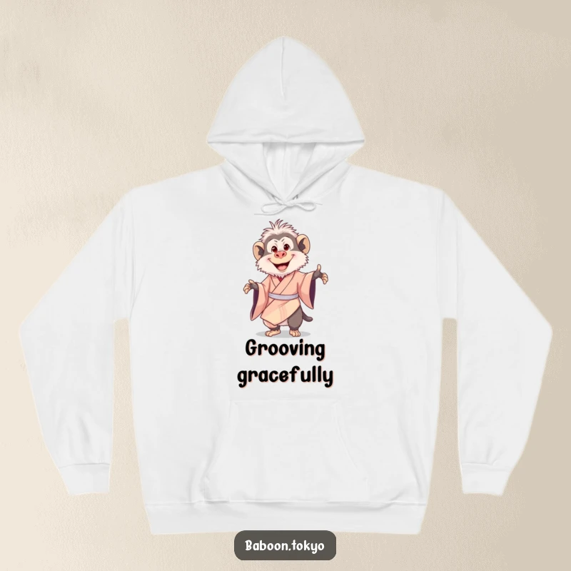 Funny hoodie: a delighted baboon wearing a beautiful silk kimono, captured in a joyful twirl with a huge, contagious smile.