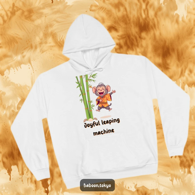 Funny, cheerful baboon in a bright kimono leaping near bamboo, on a warm hoodie, great for a funny gift.