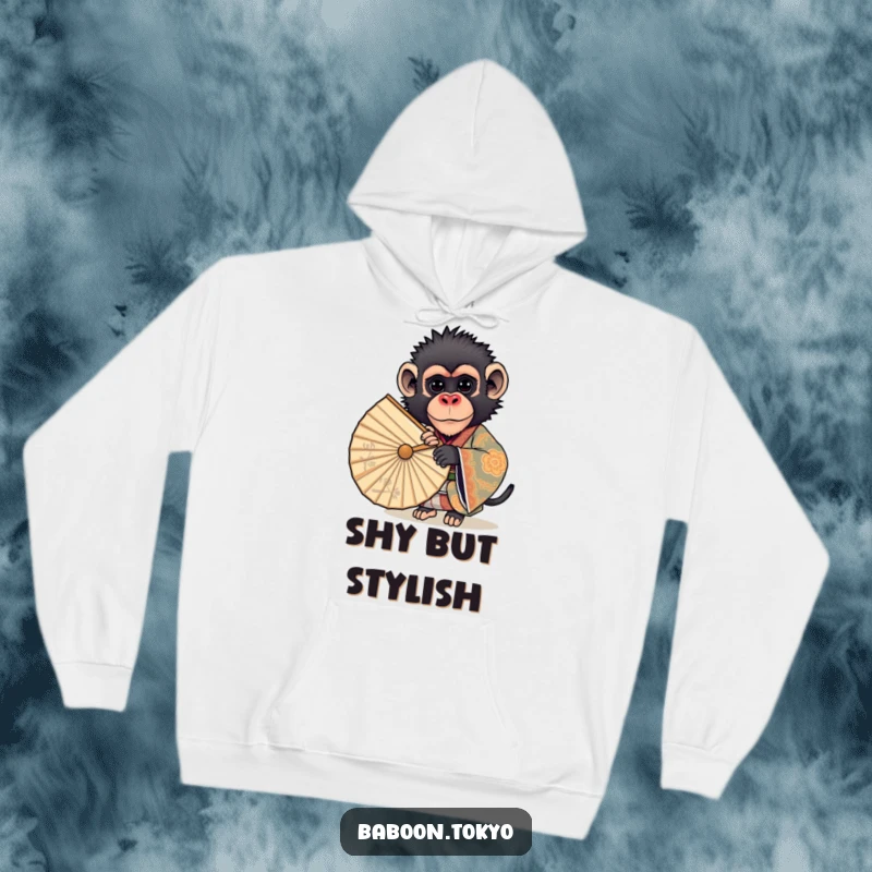 Funny hoodie: a cute baboon in a detailed kimono peeking coyly from behind a large, ornate fan, showcasing a funny, inquisitive look.