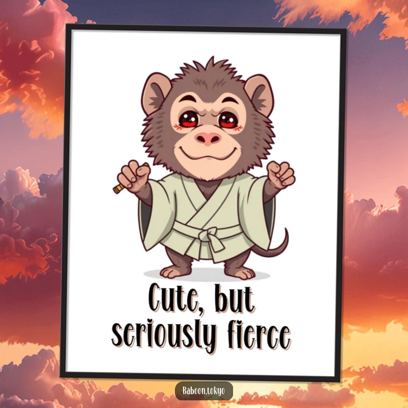 Funny Free Printable Wall Art: A brave baboon in a bold kimono guard stance, possessing an unexpectedly cute and endearing expression.