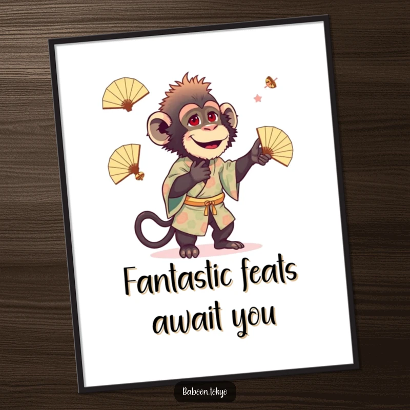 Funny Free Printable Wall Art: Playful baboon in a kimono masterfully juggles tiny fans, creating a whimsical and humorous scene.