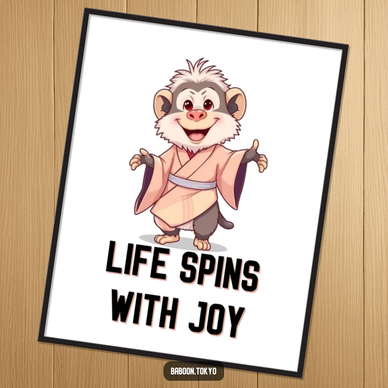 Funny Free Printable Wall Art: A delighted baboon in a silk kimono enthusiastically twirling with a wide, beaming smile.
