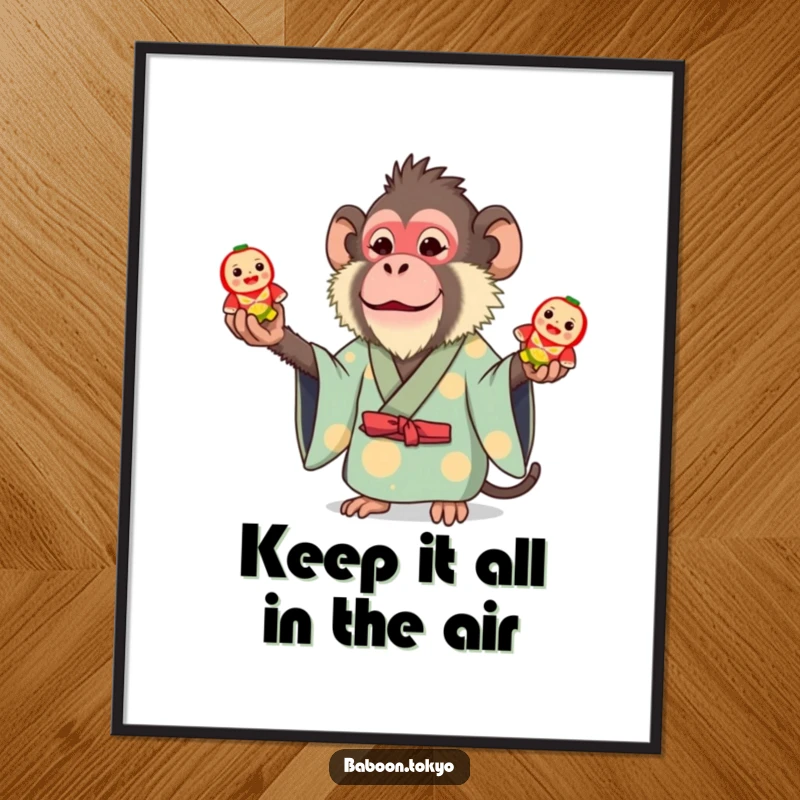 Funny Free Printable Wall Art: A whimsical baboon in a colorful kimono is skillfully juggling three small, round toy Daruma dolls.