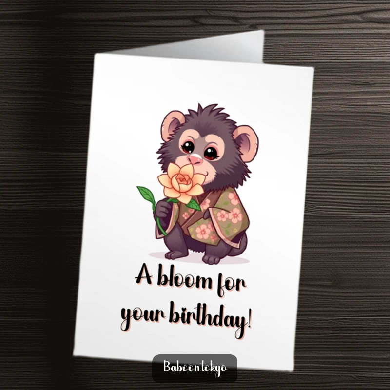 Funny Free Printable Birthday Card: A sweet baboon in a floral kimono offers a delicate blooming paper flower.