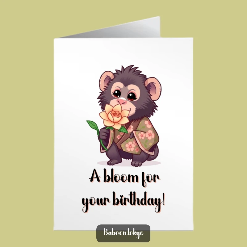 Free Printable Birthday Card: Sweet Baboon Flower - Funny Downloadable Gift