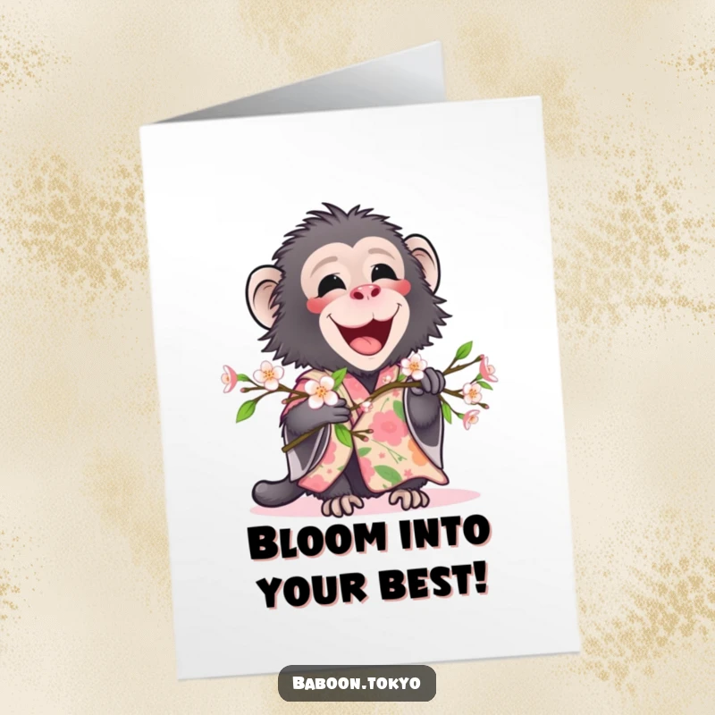 Funny Free Printable Birthday Card: A delighted baboon in a floral kimono tenderly holds a branch laden with beautiful blooms.