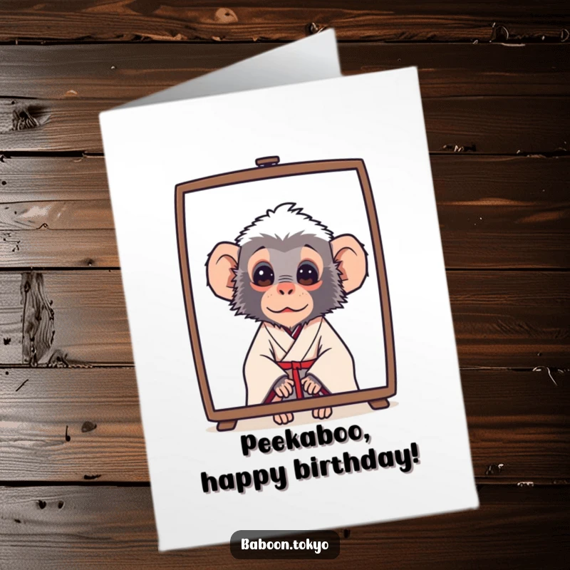 Funny Free Printable Birthday Card: A curious baboon in a simple kimono playfully peeks from behind a decorative screen.